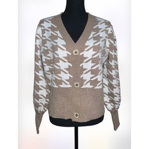 Joie Beige & White Houndstooth V-Neck Button Cardigan